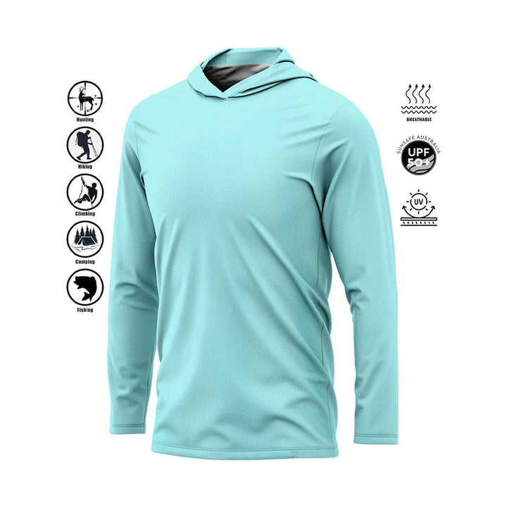 Men's long sleeve UPF 50 hooded fishing shirt, offering sun protection for fishing, hiking & outdoor adventures.