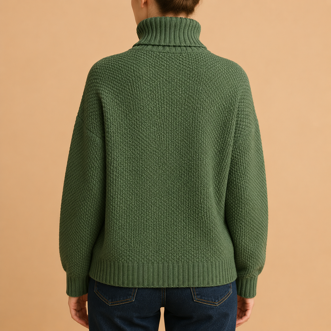 Stylish grey women's turtleneck sweater, perfect for chic winter outfits & versatile layering.