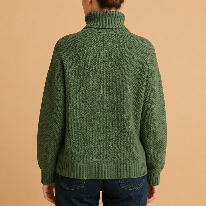 Stylish grey women's turtleneck sweater, perfect for chic winter outfits & versatile layering.