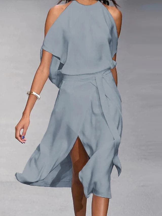 Women's cold shoulder midi dress, flowy fabric, elegant for summer/spring casual or evening wear.