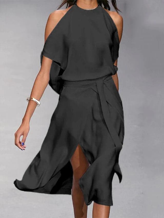 Stylish women's cold shoulder midi dress with round neck, versatile for spring/summer, flowy & elegant.