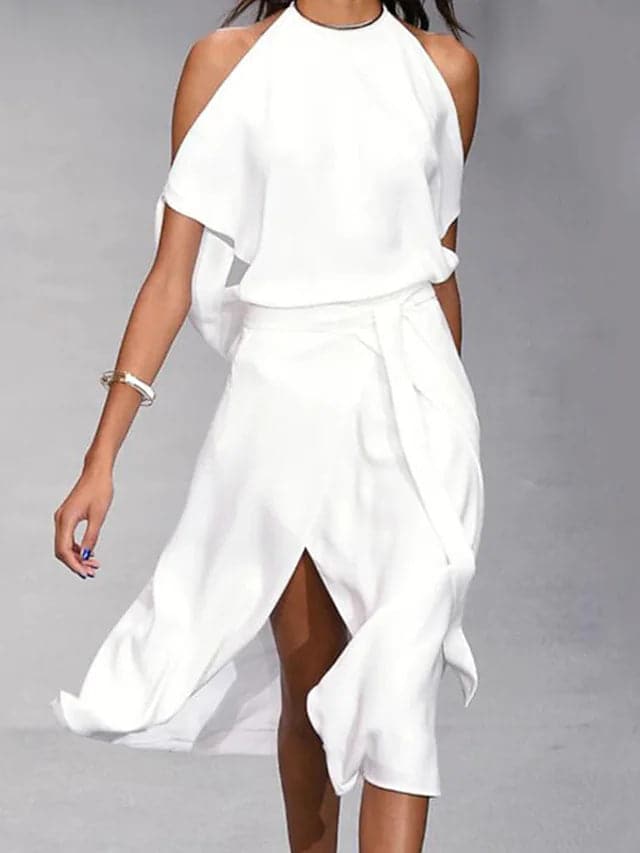 Elegant flowy women's cold shoulder midi dress, perfect for summer casual outings or stylish evening wear.
