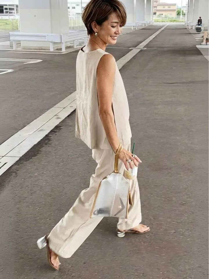 Full view of a women's sleeveless tank and wide-leg pants set, embodying effortless casual spring wear.