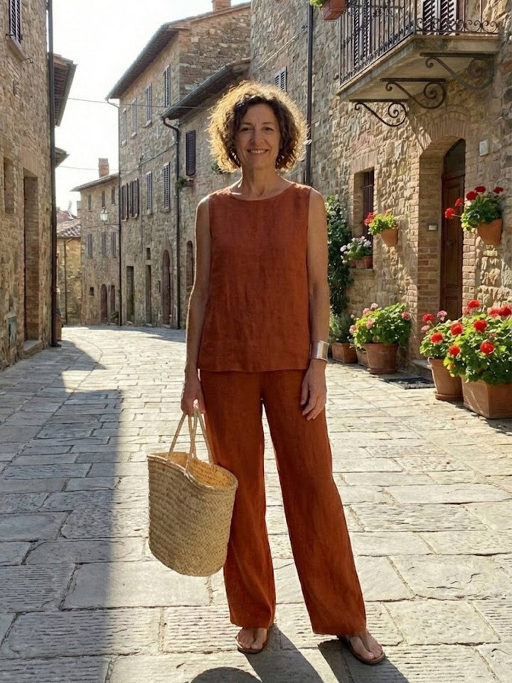 Modern women's two-piece set: sleeveless tank and wide-leg pants, ideal for summer casual fashion.