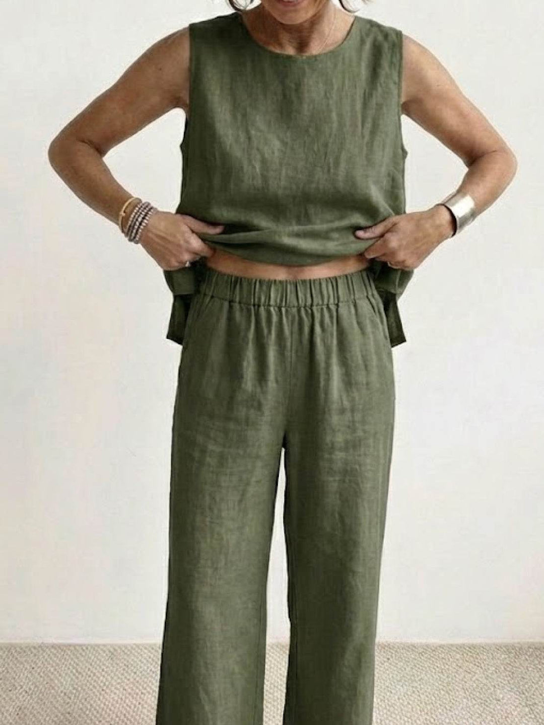 Close-up of a sleeveless tank top from a women's wide-leg pant set, offering breezy summer comfort.