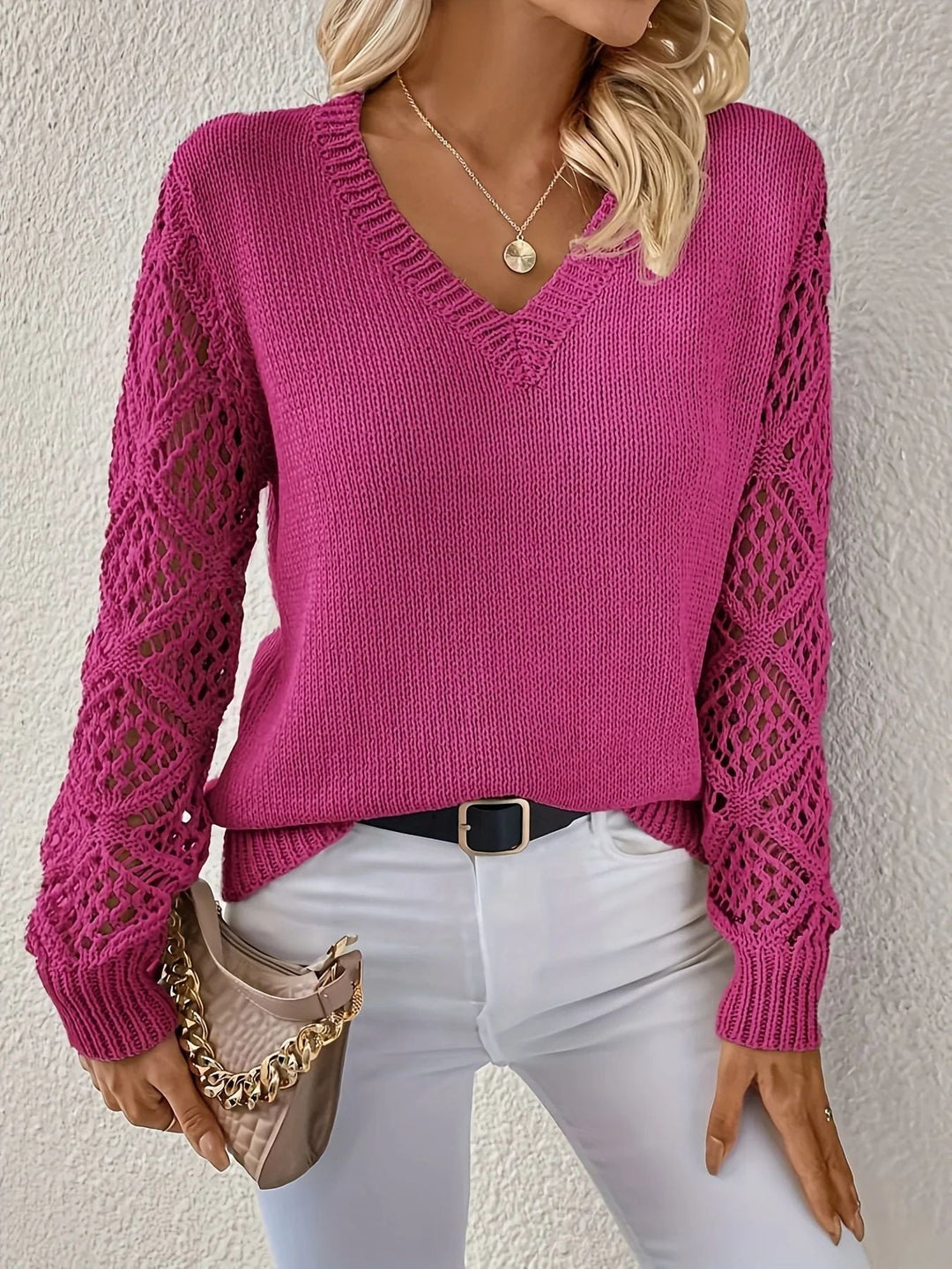 Fiona | Women's V Neck Openwork Long Sleeve Sweater - Champagne - Image 5