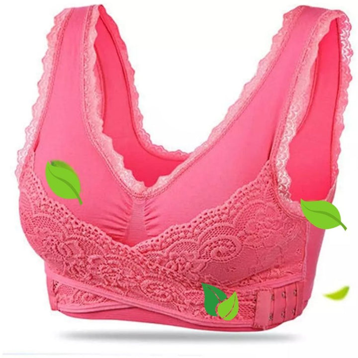 Front view of women's wireless lace comfort bra, showcasing delicate floral lace cups and supportive band.