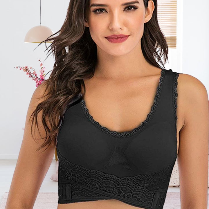 Full shot of a women's wireless lace comfort bra, highlighting its intricate design and everyday supportive features.