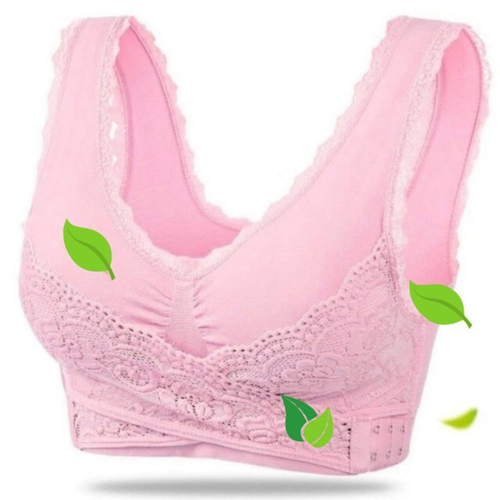 Side view of women's comfort wireless bra, highlighting adjustable straps and elegant lace detailing for everyday.