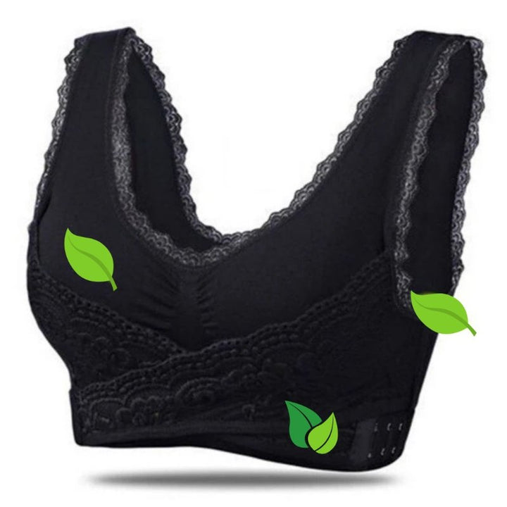 Women's wireless lace comfort bra for everyday support, featuring soft delicate lace and a comfortable fit.