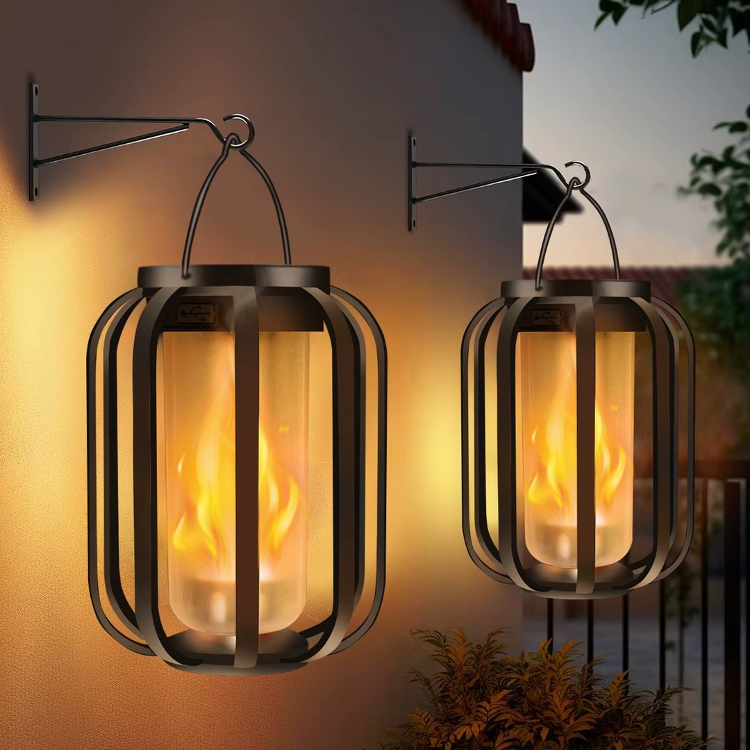 Solar & USB LED outdoor lantern with flickering flameless candle effect, perfect for patio decor and garden.