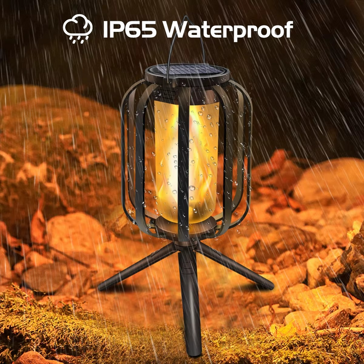 Flickering LED solar lantern, USB powered, designed for garden & patio lighting with realistic flameless candlelight.