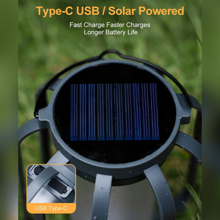 Decorative outdoor LED lantern, solar & USB rechargeable, offers flickering ambient light for inviting outdoor spaces.