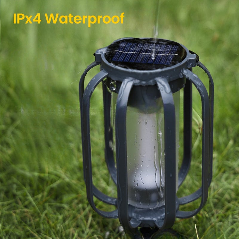 Garden lamp LED lantern, weatherproof, solar & USB charged, provides warm flickering light for evening enjoyment.