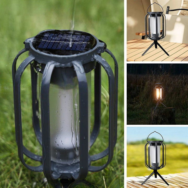 Portable outdoor LED lantern, solar & USB rechargeable, featuring a safe flickering flameless candle effect for camping.