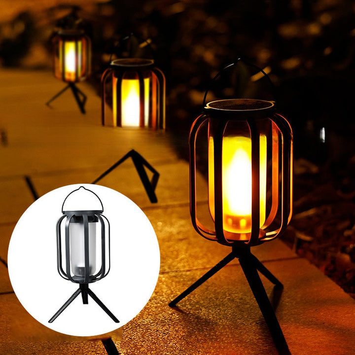 Modern solar LED lantern, USB powered, for outdoor lighting, with a beautiful flickering flameless candle glow.