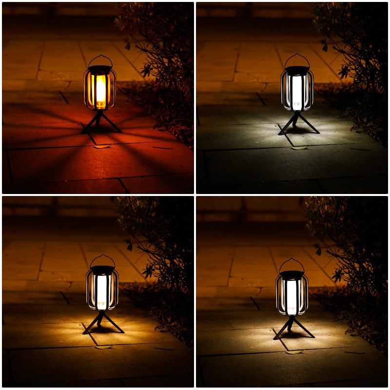 Durable outdoor LED lantern, solar & USB rechargeable, provides long-lasting flickering ambient light for your home.