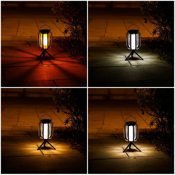 Durable outdoor LED lantern, solar & USB rechargeable, provides long-lasting flickering ambient light for your home.