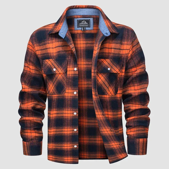 Warm men's Logan flannel-lined button-down long-sleeve shirt, great outerwear for fall & winter.