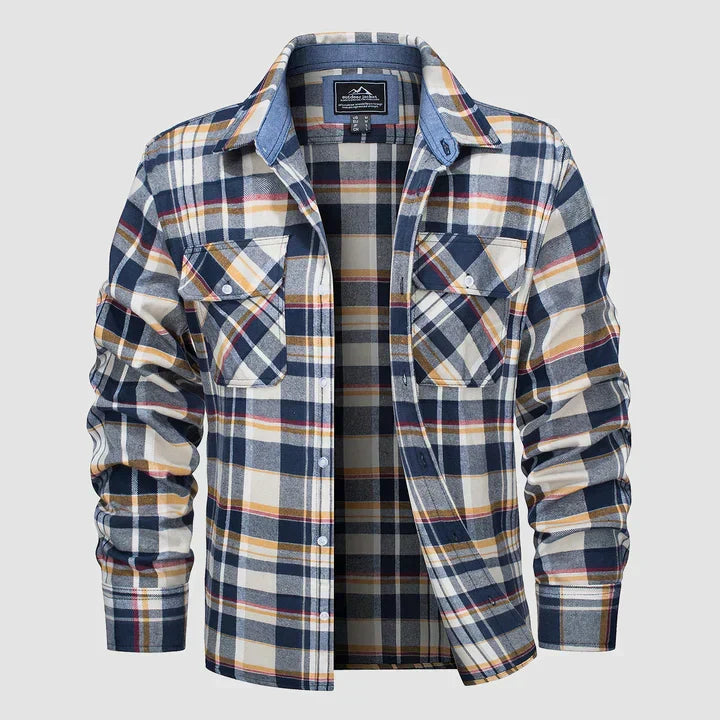 Close-up of men's Logan flannel-lined button-down long-sleeve shirt, showcasing material & detail.