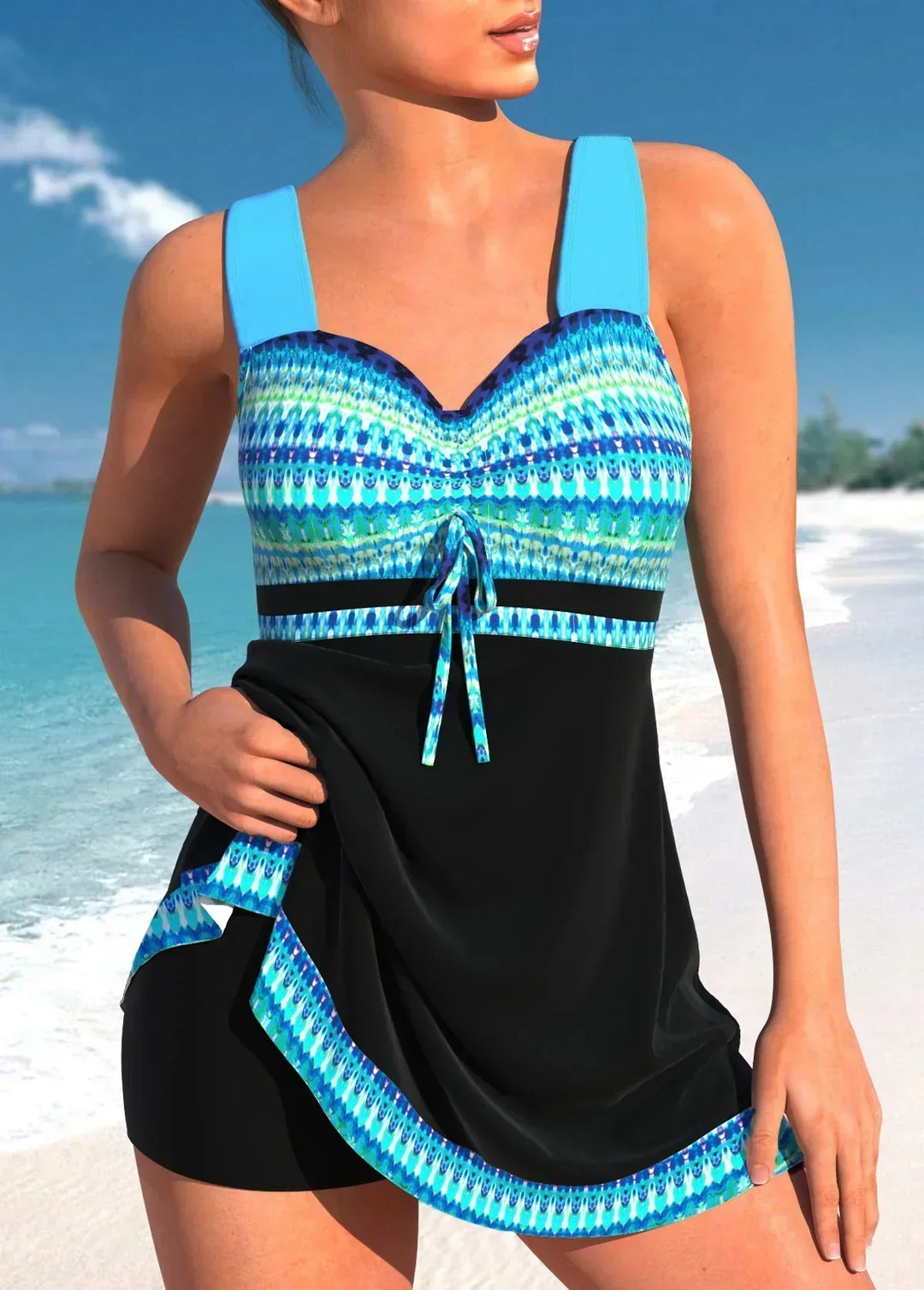 Elegant women's one-piece swim dress with a modest skirt, designed for a flattering fit. Ideal for summer beachwear.