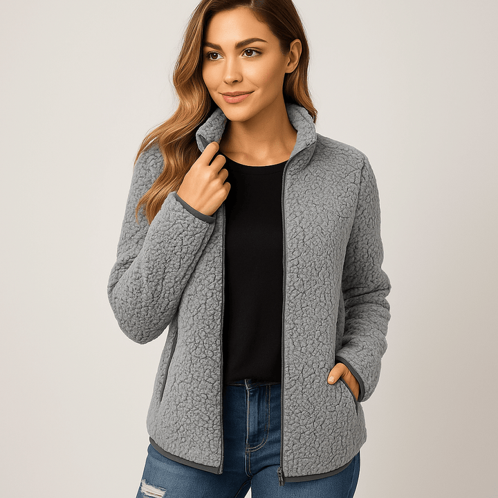 Close-up of a warm women's insulated jacket, showcasing cozy texture and stylish winter outerwear.