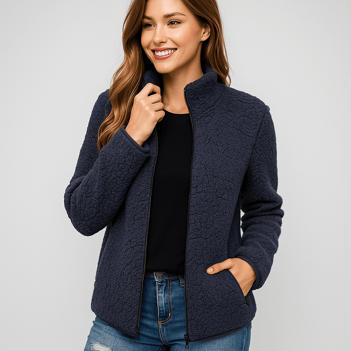 Front view of a stylish women's insulated jacket, a warm and cozy outerwear essential for cold days.