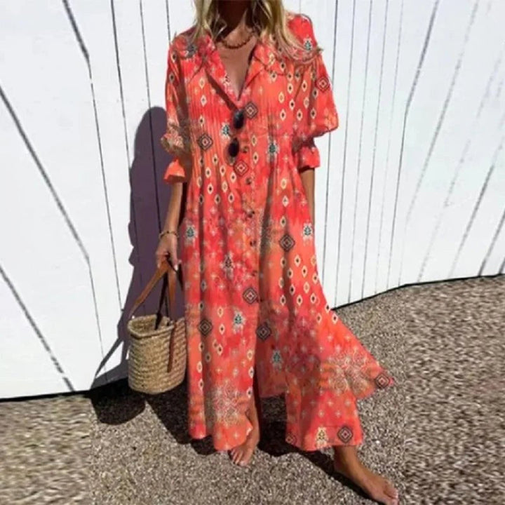 Colorful women's bohemian maxi dress for summer, suitable for parties, vacations, or casual elegant wear.