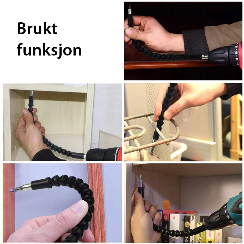 Universal flexible drill extension for all power drills, reaches tight spaces, holds screws securely.