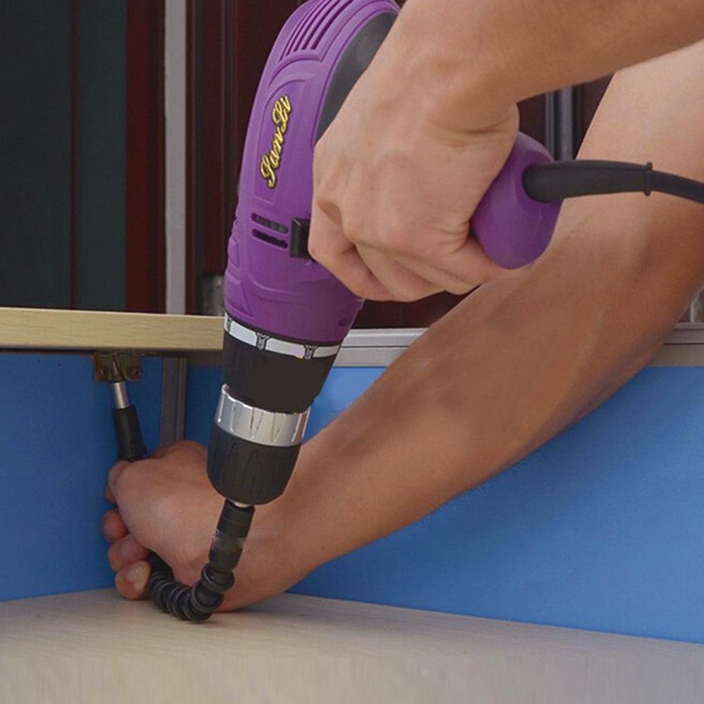 Flexible shaft drill extension for power tools, securely holds screwdriver bits, reaches inaccessible areas.