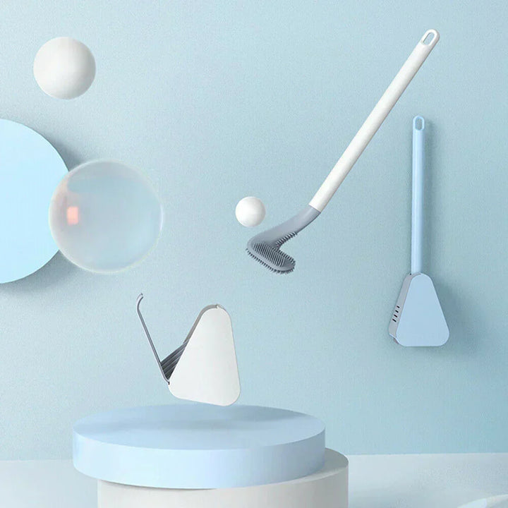 Flexible L-shaped toilet brush for deep bathroom cleaning and hygienic toilet hygiene.