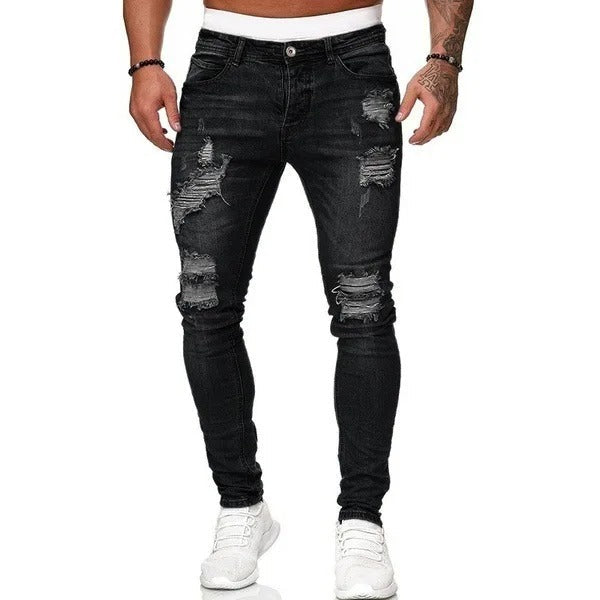 Men's flocked skinny jeans, modern dark wash. Stylish & comfortable unique denim for contemporary fashion.