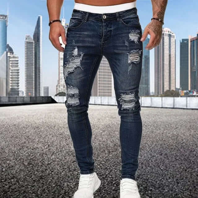 Unique men's flocked skinny jeans with soft texture. Modern style & comfortable everyday wear for fashion-forward men.