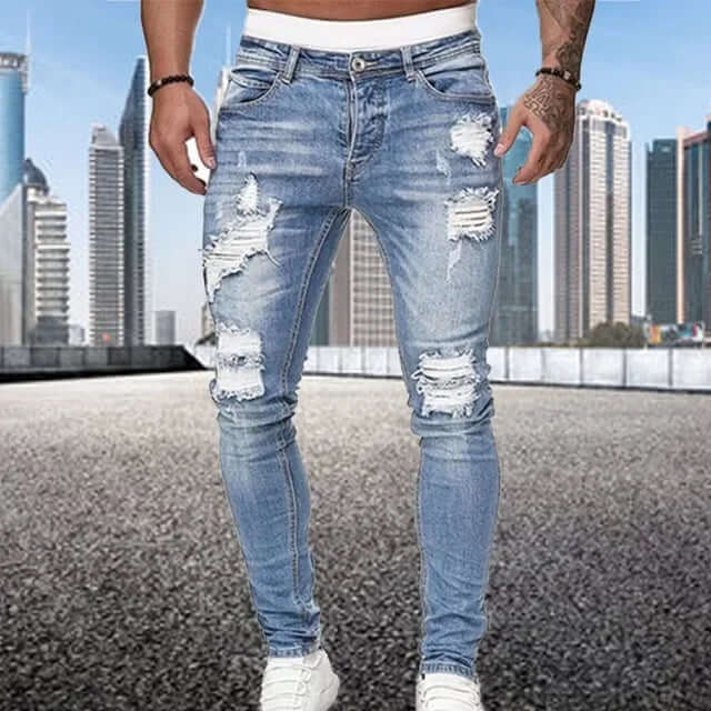 Black men's flocked skinny jeans. Stylish, comfortable modern denim for versatile casual wear and men's fashion.