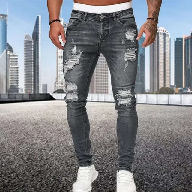 Blue men's flocked skinny jeans. Modern style with unique texture, comfortable for everyday wear. Men's casual denim.