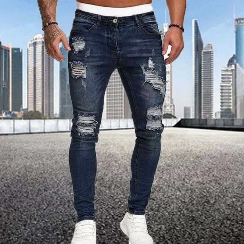 Comfortable men's skinny jeans featuring unique flocked texture. Ideal modern denim fashion for everyday style.