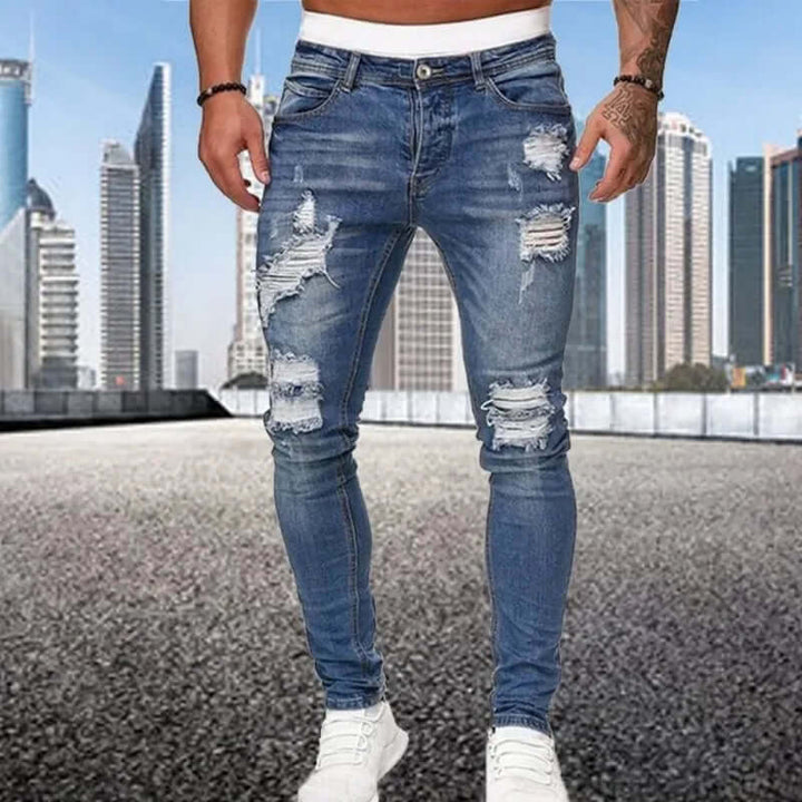 Versatile men's flocked skinny jeans. Modern style, unique texture, combining everyday comfort with men's fashion.