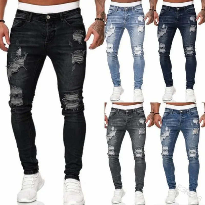 Stylish men's flocked skinny jeans for a modern urban look. Comfortable all-day wear, unique casual pants.
