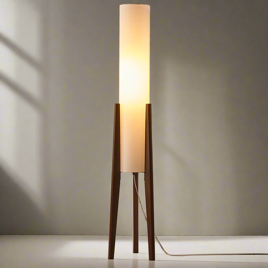 Contemporary Scandinavian wood floor lamp with a retro design fabric shade, enhancing any home decor style.