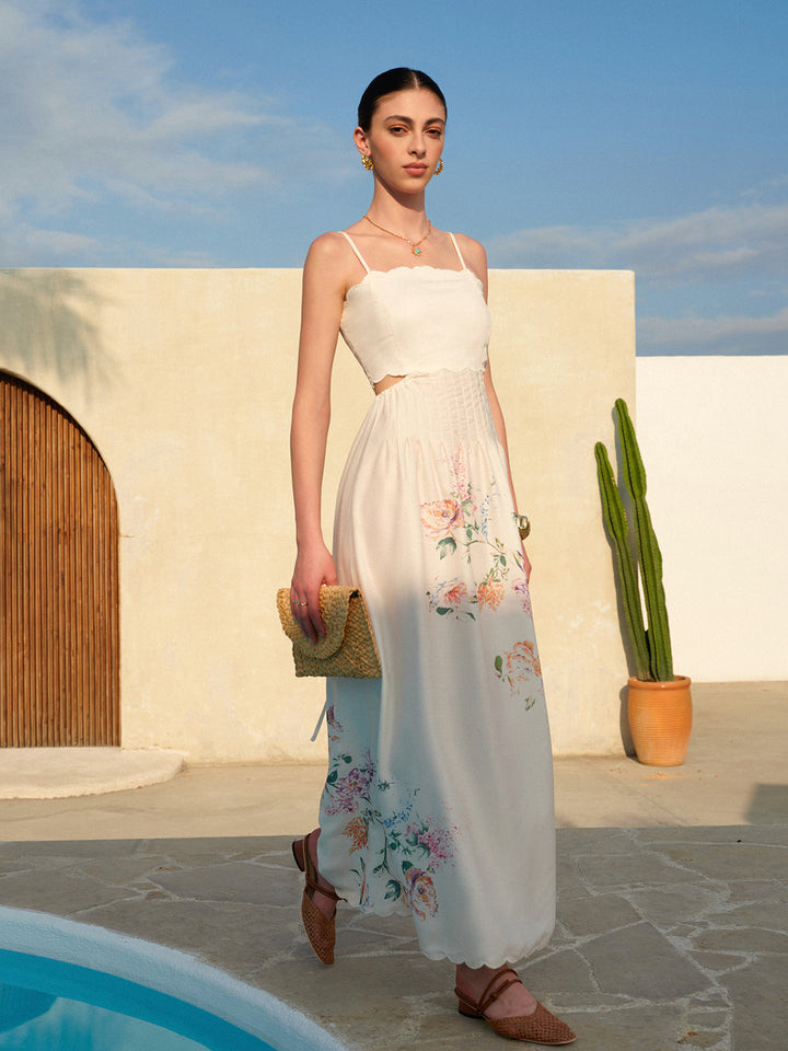 Women's Floral Print Lace-Up Maxi Dress