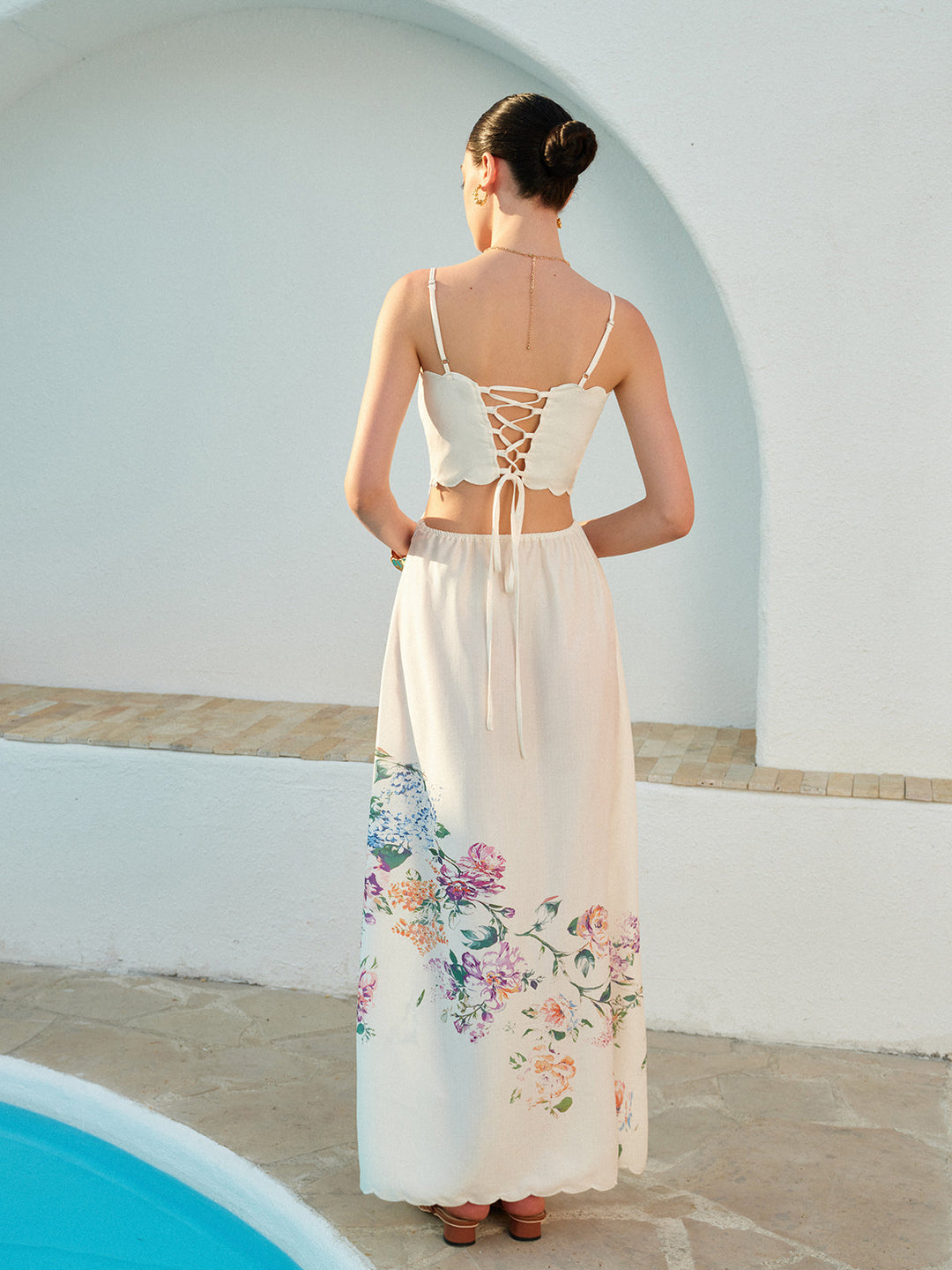 Women's Floral Print Lace-Up Maxi Dress