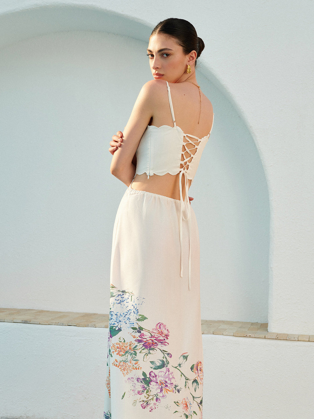 Women's Floral Print Lace-Up Maxi Dress