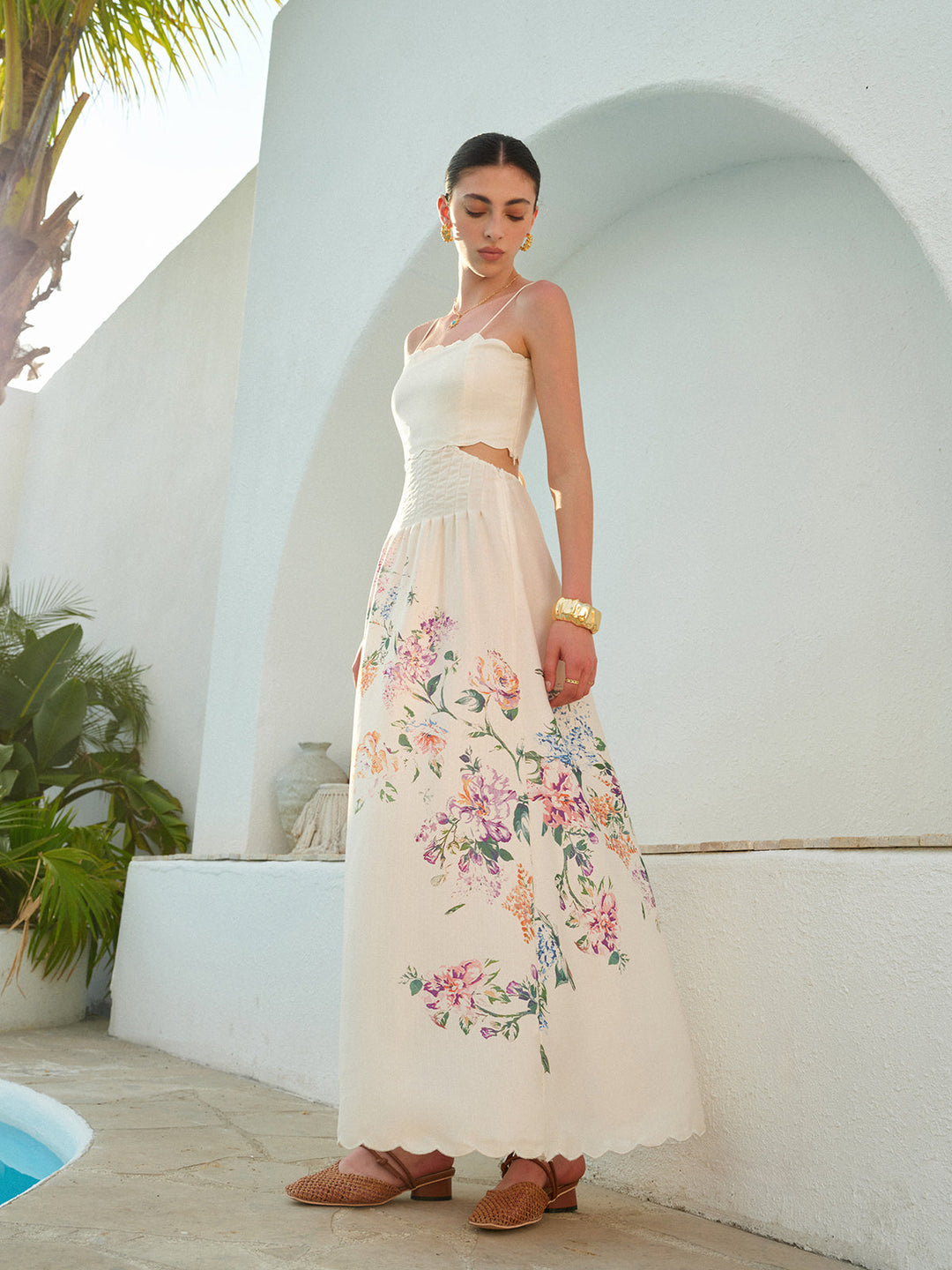 Women's Floral Print Lace-Up Maxi Dress