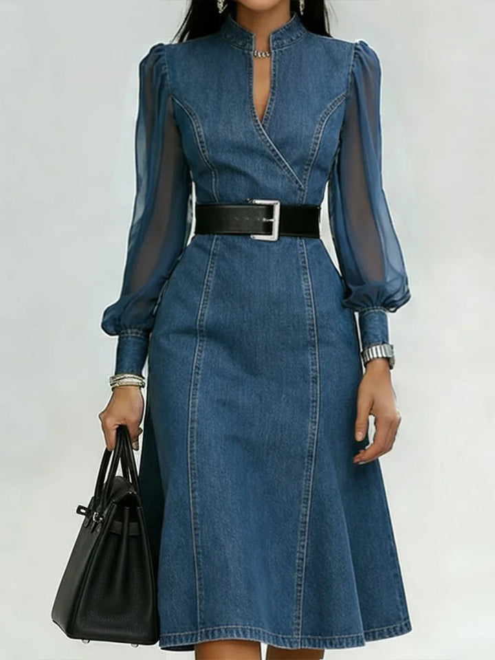 Chic women's denim A-line midi dress with elegant sheer long sleeves & waist belt.
