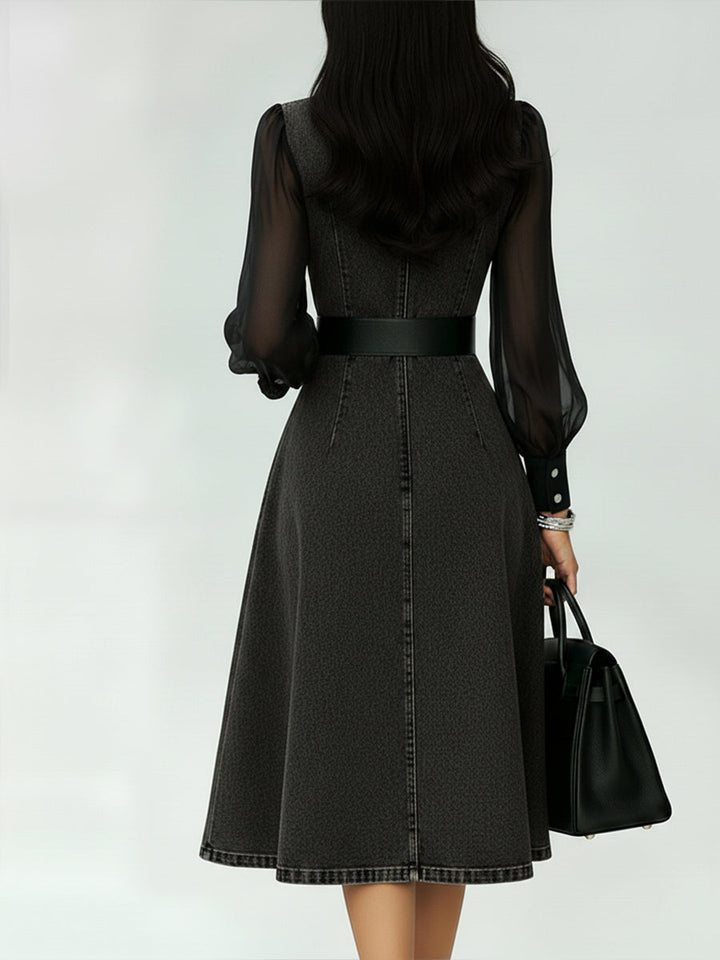 Elegant women's belted denim A-line dress with sheer long sleeves. A versatile midi for formal or casual wear.