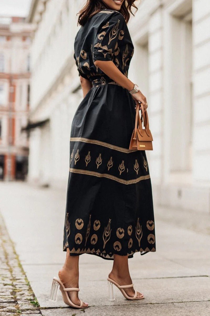 Women's elegant midi cocktail dress with a vibrant geometric print & stylish belt. Perfect for any special occasion.