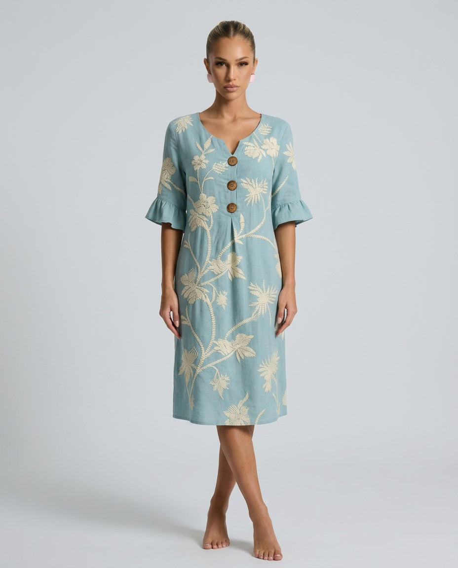Women's elegant floral embroidered midi dress with V-neck & flutter sleeves, perfect for summer casual or dressy occasions.