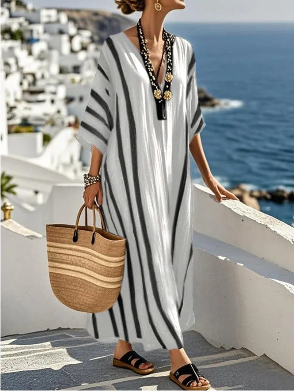 Mediterranean summer kaftan dress for women. Long, flowy, and comfortable beachwear in boho style.