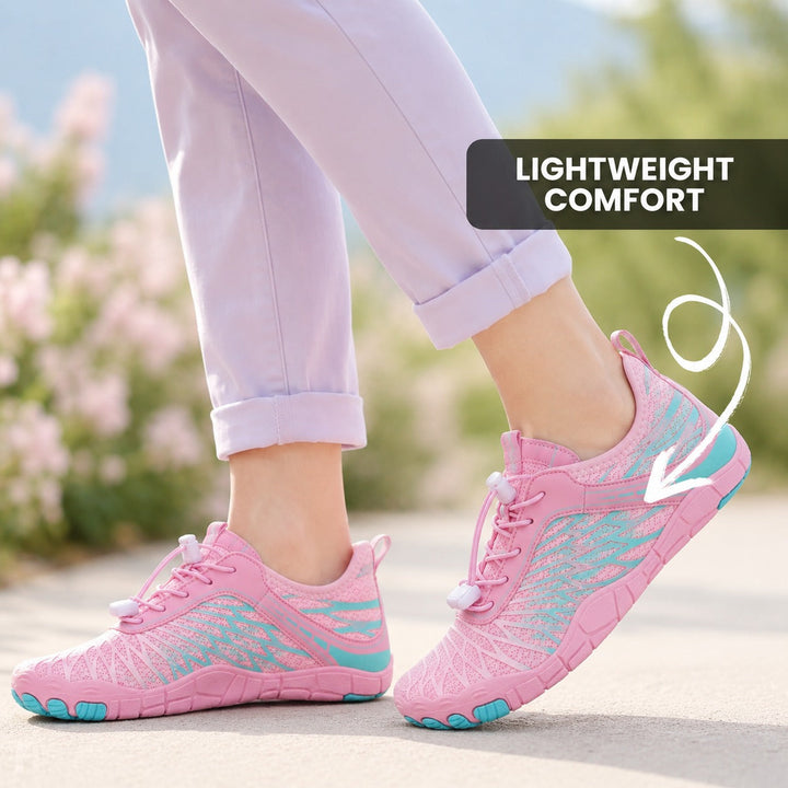 Active women's walking shoes with a wide toe box & flexible sole.