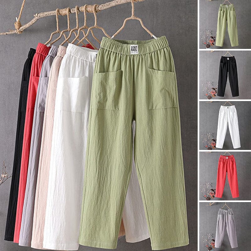 Classic women's linen blend trousers with elastic waist, perfect for comfortable casual wear in spring and summer.